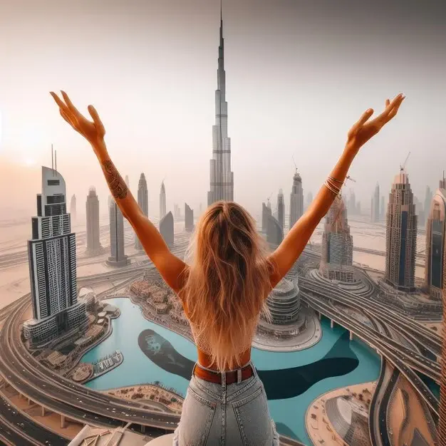 Skyline di Dubai illuminato all'alba